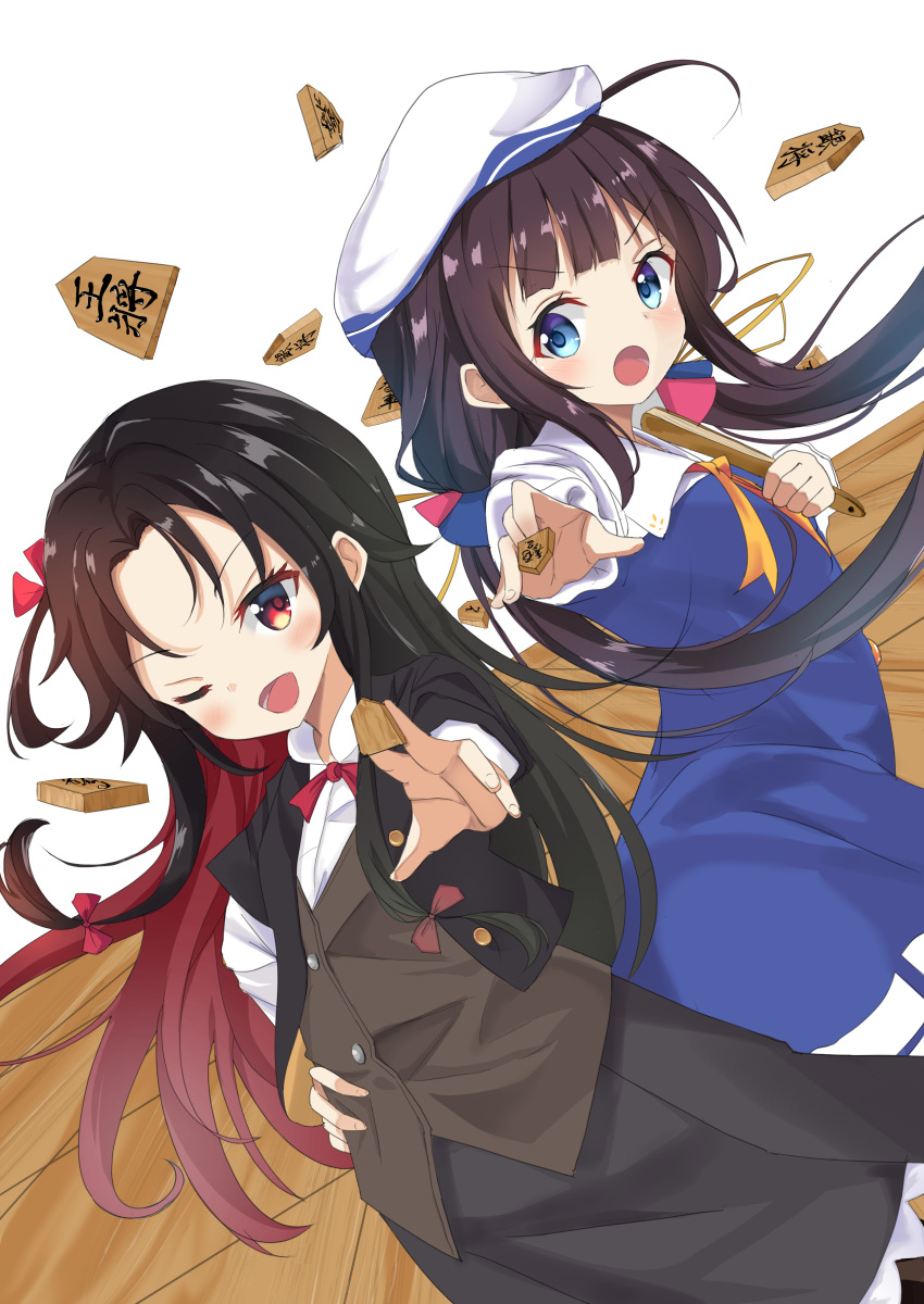 2girls :o ;d absurdres black_hair black_jacket black_skirt blue_dress blue_eyes board_game bow brown_hair brown_vest closed_fan commentary_request dress dutch_angle fan fang fingernails folding_fan gradient_hair hair_bow hair_ribbon hand_on_hip highres hinatsuru_ai holding holding_fan jacket kousaka_nobaku long_hair long_sleeves looking_at_viewer looking_to_the_side low_twintails multicolored_hair multiple_girls neck_ribbon one_eye_closed one_side_up open_mouth outstretched_arm red_bow red_eyes red_neckwear red_ribbon redhead ribbon ryuuou_no_oshigoto! school_uniform shirt short_over_long_sleeves short_sleeves shougi skirt smile tress_ribbon twintails v-shaped_eyebrows very_long_hair vest white_background white_shirt yashajin_ai