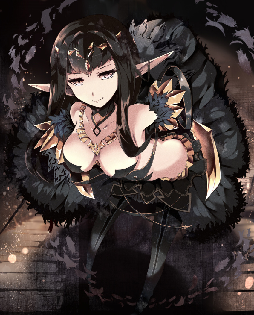 1girl bangs bare_shoulders black_dress black_footwear black_hair black_legwear boots breasts cleavage closed_mouth collarbone commentary_request detached_collar dress eyebrows_visible_through_hair fate/apocrypha fate/grand_order fate_(series) fur_trim hair_ornament highres leaning_forward long_hair looking_at_viewer medium_breasts pink_eyes pointy_ears semiramis_(fate) solo thigh-highs thigh_boots venomrobo very_long_hair