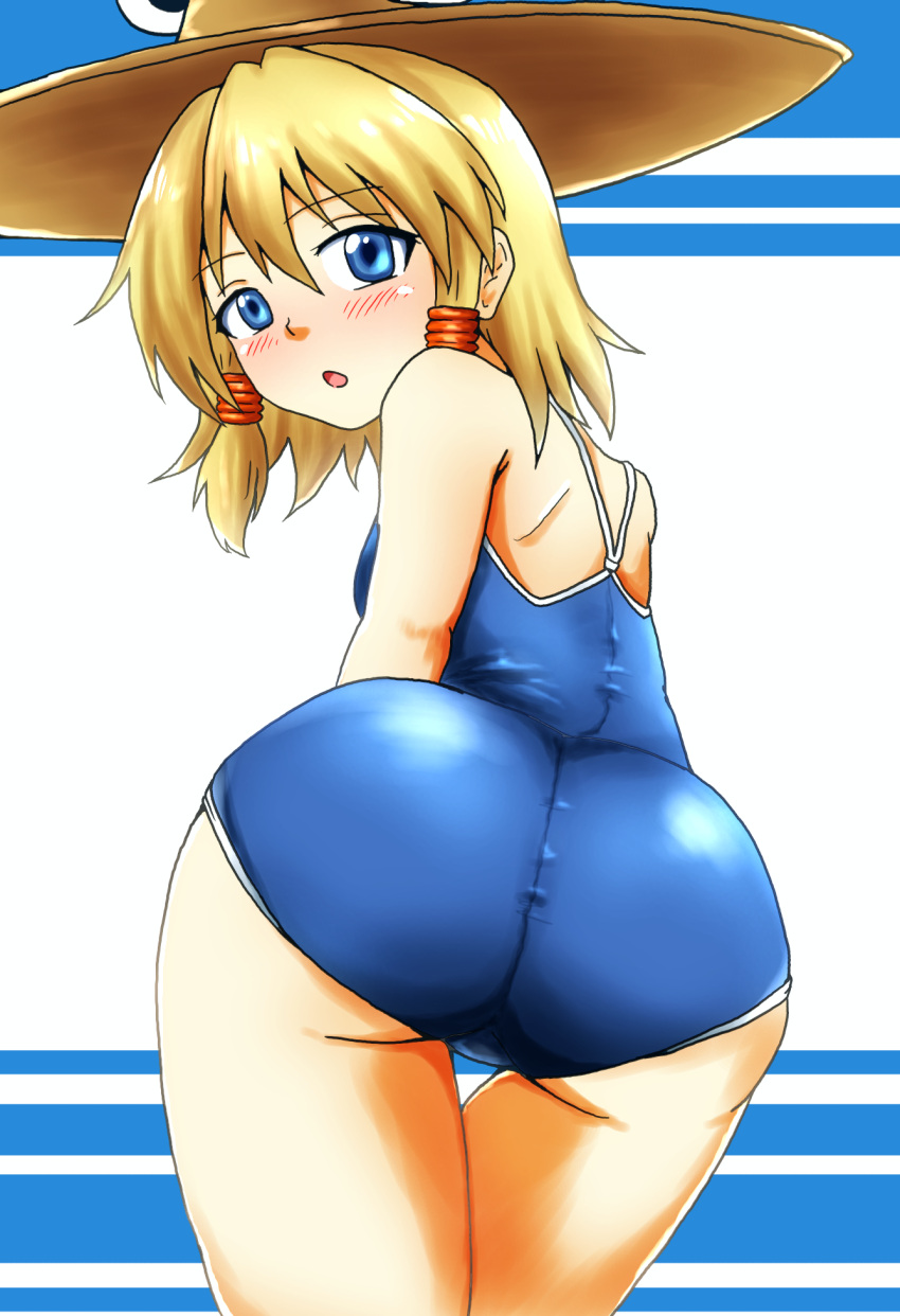 1girl ass back blonde_hair blue_background blush breasts competition_school_swimsuit d-m_(dii_emu) hair_ornament hair_ribbon hat highres looking_at_viewer looking_back medium_hair moriya_suwako ribbon school_swimsuit small_breasts solo swimsuit touhou white_background yellow_eyes