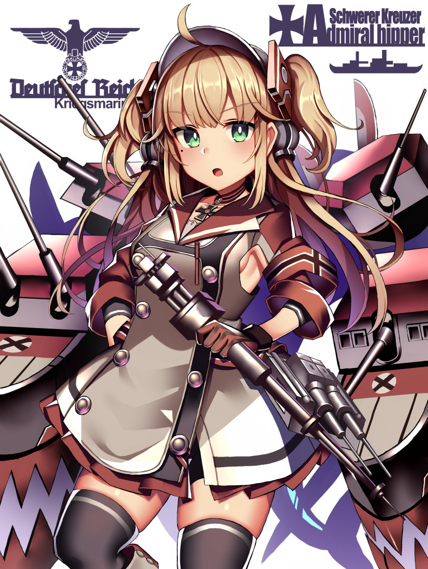 18bit 1girl absurdres admiral_hipper_(azur_lane) ahoge azur_lane commentary_request green_eyes highres holding light_brown_hair long_hair looking_at_viewer machinery open_mouth pleated_skirt scepter simple_background skirt solo thigh-highs turret two_side_up visor_cap zettai_ryouiki
