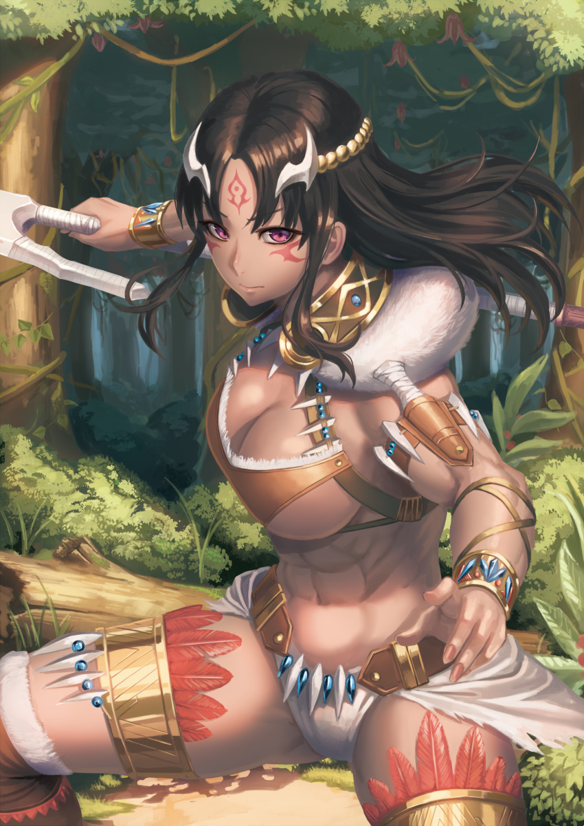 1girl abs amazon breasts brown_hair brown_legwear cleavage dark_skin facial_mark fur_trim highres holding holding_weapon jungle long_hair looking_at_viewer midriff muscle muscular_female nature original outdoors ranma_(kamenrideroz) sheath solo thigh-highs violet_eyes weapon