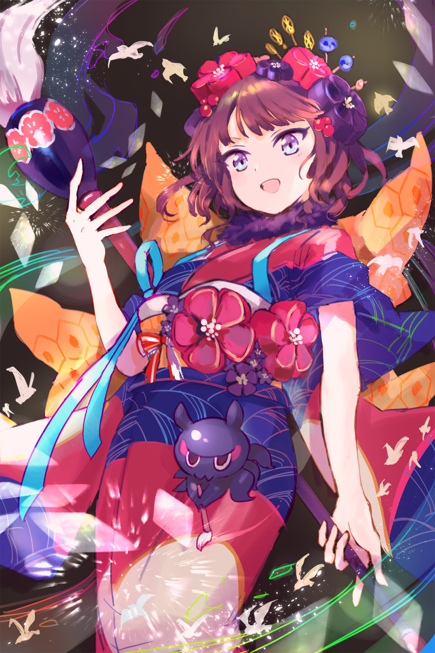 1girl :d bangs bird black_flower blue_eyes blunt_bangs calligraphy_brush colored_eyelashes cowboy_shot eyebrows_visible_through_hair fate/grand_order fate_(series) floating flower foreshortening from_below fur_collar hair_bobbles hair_flower hair_ornament hair_stick highres holding_brush japanese_clothes katsushika_hokusai_(fate/grand_order) kimono light_particles long_sleeves looking_at_viewer looking_down obi octopus open_mouth paintbrush purple_hair purple_kimono red_flower sash sha2mo shiny shiny_hair short_hair smile solo standing wide_sleeves