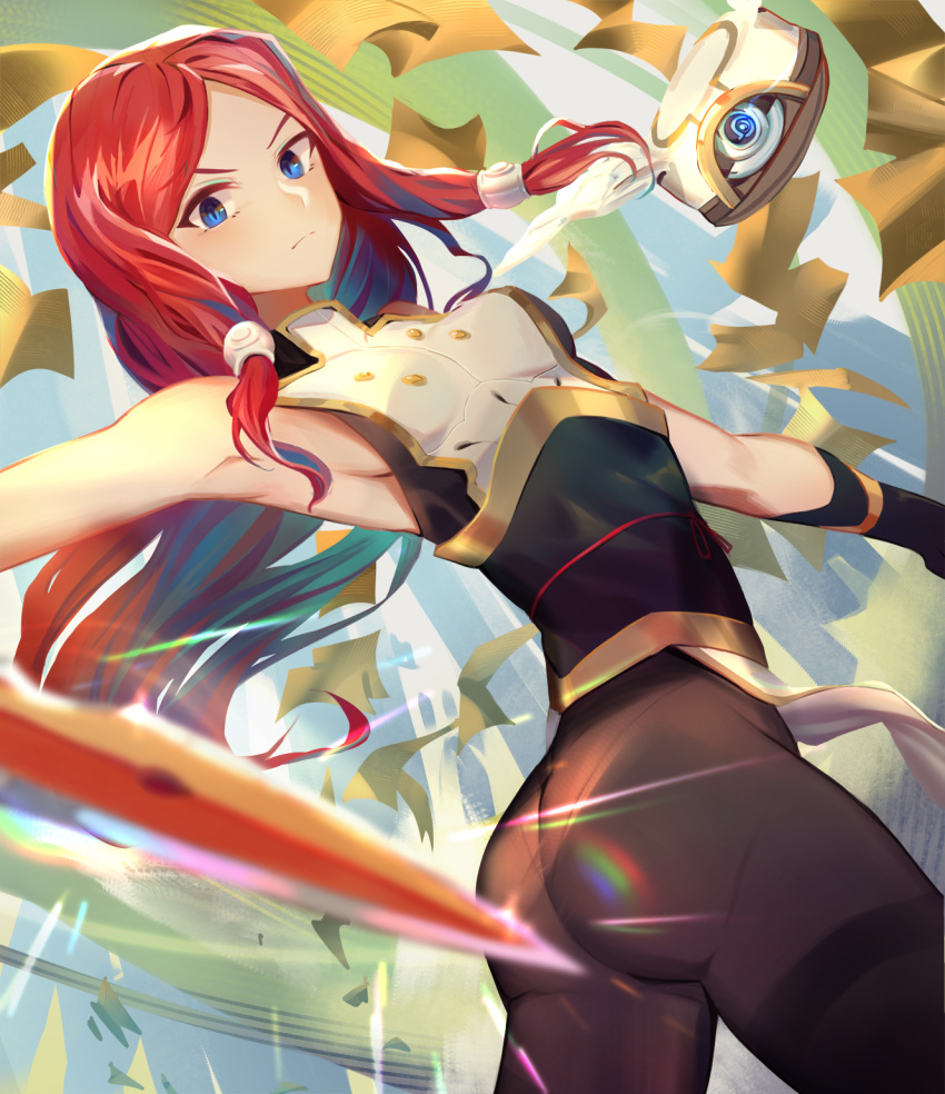 1girl armpits ass bare_shoulders black_gloves black_legwear blazblue blue_eyes breasts gloves godsh0t highres long_hair looking_at_viewer pantyhose redhead solo thighband_pantyhose tsubaki_yayoi