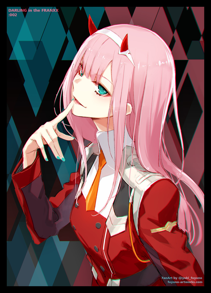 1girl aqua_eyes aqua_nails artist_name bangs black_border border chromatic_aberration darling_in_the_franxx double-breasted eyeshadow finger_to_mouth fuyuno_yuuki hairband highres horns index_finger_raised lips long_sleeves looking_at_viewer makeup mini_necktie multicolored multicolored_background nail_polish necktie orange_neckwear parted_lips pink_hair shiny shiny_hair solo straight_hair tsurime upper_body watermark web_address white_hairband zero_two_(darling_in_the_franxx)