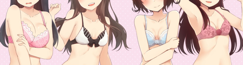 4girls :d arashio_(kantai_collection) armpits asashio_(kantai_collection) bare_arms bare_shoulders black_hair blue_bra blush bow bow_bra bra breasts brown_hair cleavage closed_mouth collarbone head_out_of_frame head_tilt kantai_collection kisaragi_(kantai_collection) long_hair medium_breasts multiple_girls mutsuki_(kantai_collection) nagami_yuu open_mouth parted_lips pink_background pink_bra short_hair small_breasts smile underwear underwear_only upper_teeth white_bra