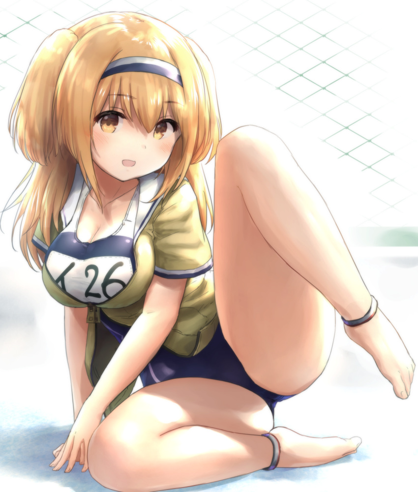 barefoot blush breasts chain-link_fence cleavage clothes_writing collarbone commentary_request curvy fence hairband highres i-26_(kantai_collection) large_breasts light_brown_eyes light_brown_hair looking_at_viewer name_tag new_school_swimsuit one-piece_swimsuit open_clothes open_mouth plump sailor_collar school_swimsuit short_sleeves spread_legs swimsuit swimsuit_under_clothes thighs two-tone_hairband two_side_up wamu_(chartreuse)