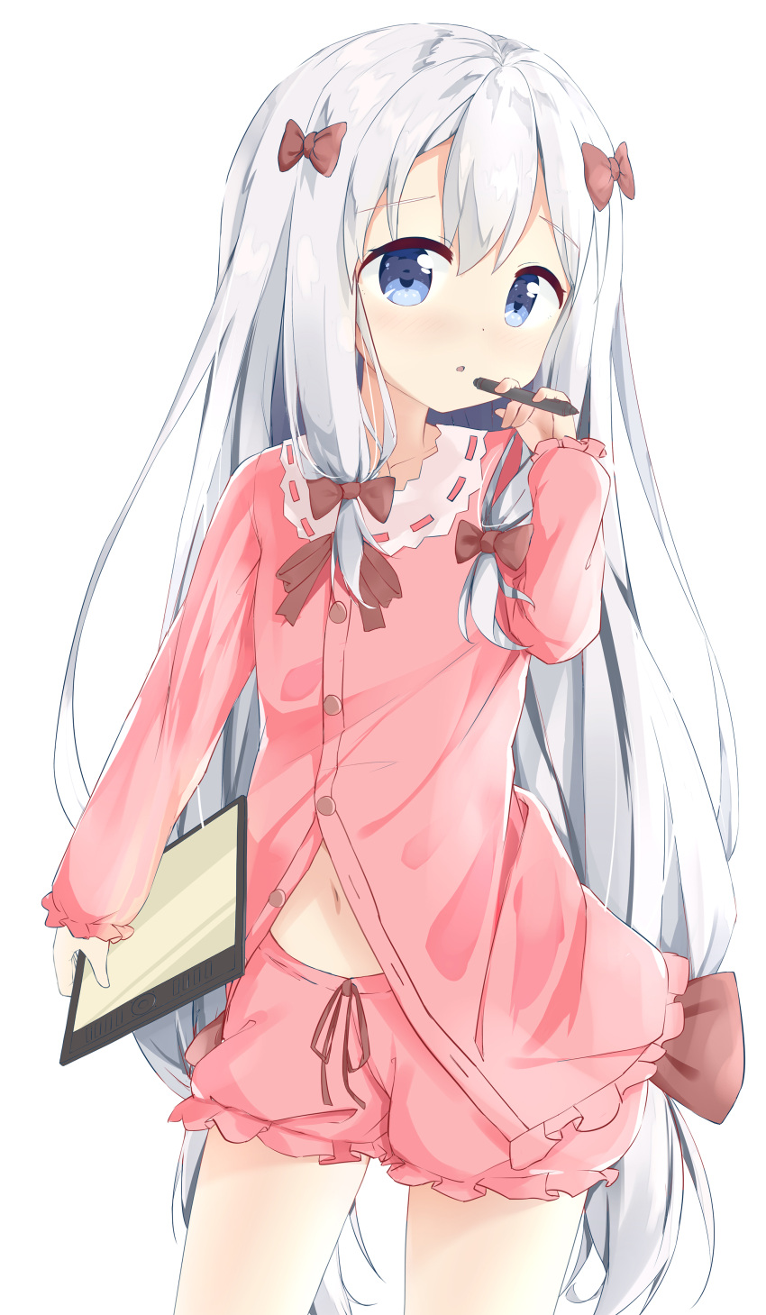 1girl absurdres arm_up blue_eyes eromanga_sensei hand_to_own_mouth highres izumi_sagiri long_hair low-tied_long_hair navel open_clothes open_shirt pajamas pink_pajamas pink_shirt pink_shorts ribbon shiraki_shiori shirt short_shorts shorts silver_hair simple_background solo stylus tablet_pc unbuttoned very_long_hair white_background