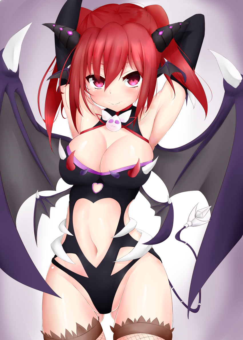 1girl absurdres armpits arms_behind_head arms_up breasts cleavage cleavage_cutout closed_mouth collarbone cowboy_shot demon_girl demon_tail demon_wings elsword fang fishnet_legwear fishnets gluteal_fold hair_between_eyes head_wings heart_cutout highres karis_(elsword) large_breasts leotard long_hair looking_at_viewer multiple_wings navel pointy_ears redhead revealing_clothes solo spiked_wings tail thigh-highs twintails wings yukikiri