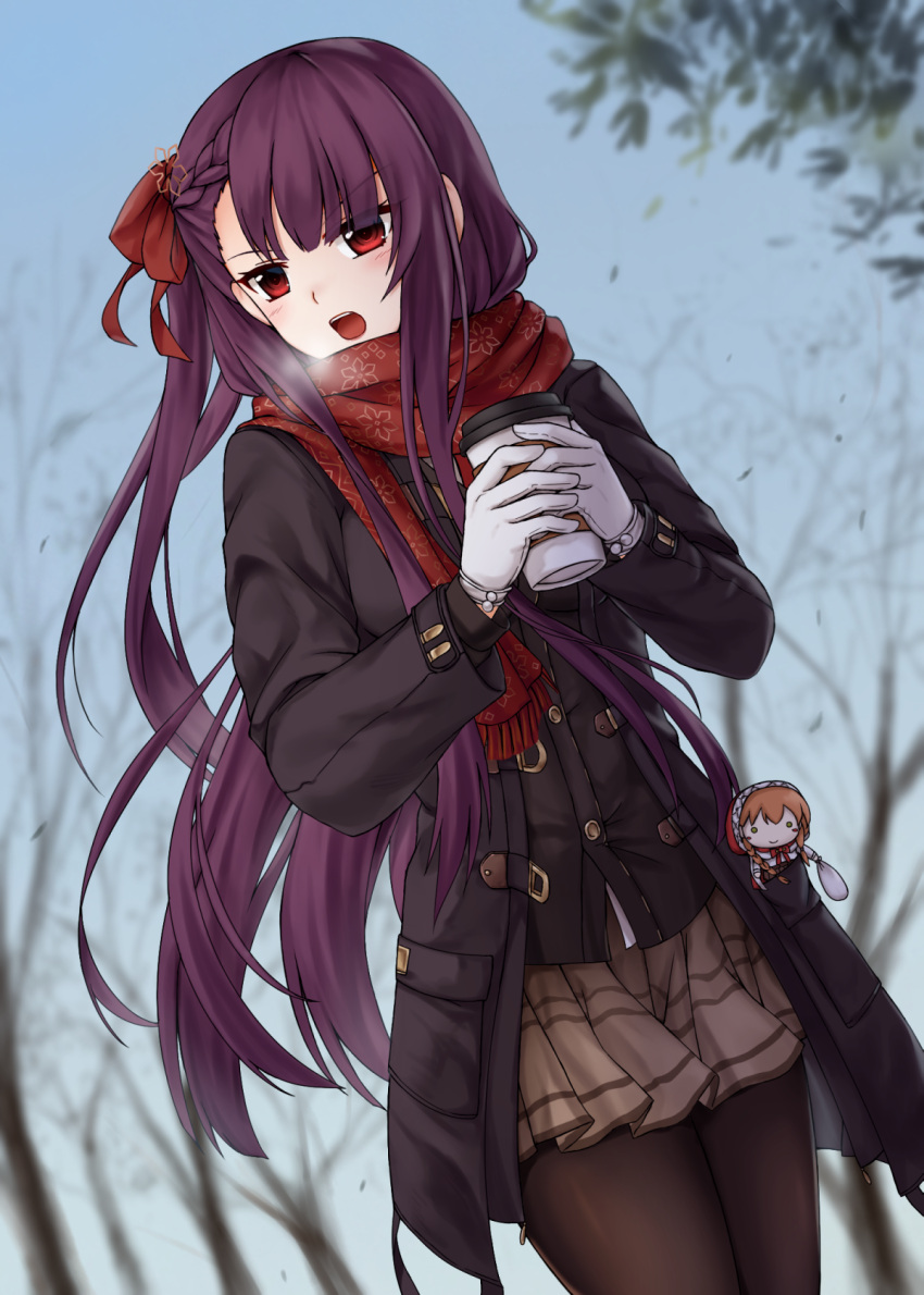 1girl :o bangs bare_tree black_coat blue_sky blunt_bangs blurry blurry_background blush braid breath brown_legwear brown_skirt character_doll character_request chien_zero coat cup day depth_of_field dutch_angle enpera eyebrows_visible_through_hair floral_print french_braid fringe girls_frontline gloves hair_ribbon highres holding holding_cup lips little_red_riding_hood long_sleeves looking_to_the_side miniskirt open_clothes open_coat open_mouth outdoors pantyhose paper_cup plaid plaid_skirt print_scarf red_scarf redhead ribbon scarf skirt sky solo straight_hair tree tsurime two-handed v-shaped_eyebrows wa2000_(girls_frontline) white_gloves