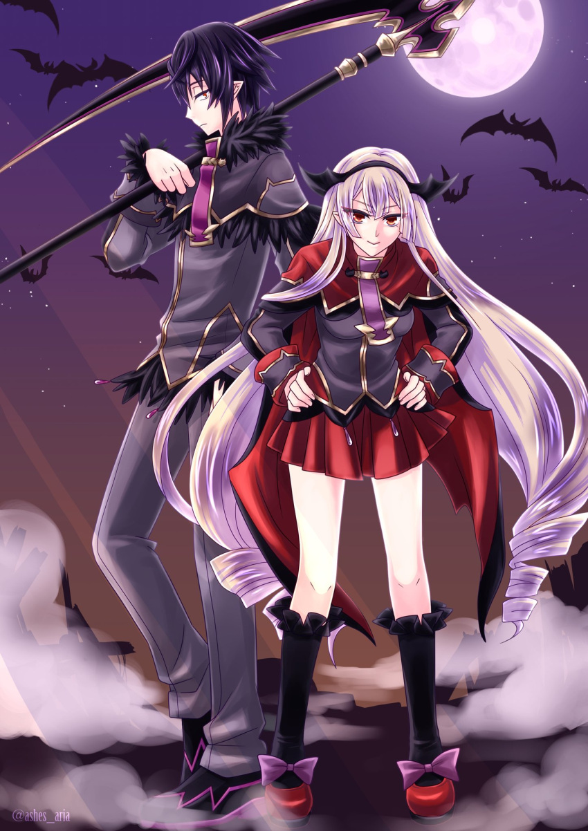 1boy 1girl ashes_aria bat black_hair blonde_hair camilla_regina drill full_moon hairband highres killian_phegor long_hair moon pointy_ears pop-up_story red_eyes school_uniform scythe shinigami skirt smile star twitter_username vampire winged_hairband yellow_eyes