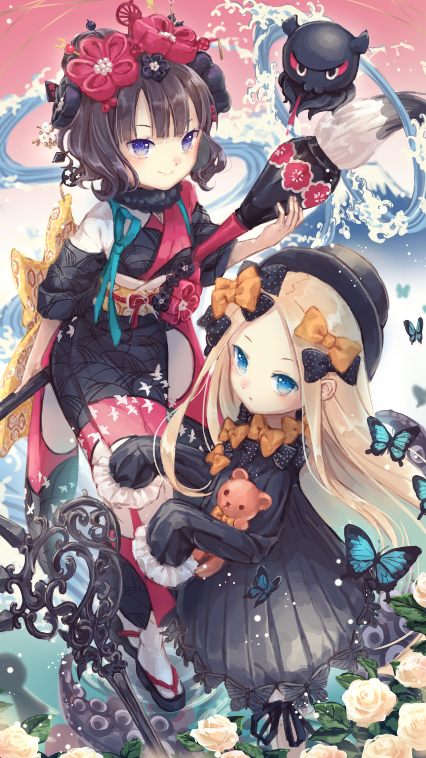 2girls abigail_williams_(fate/grand_order) absurdres animal bangs black_bow black_dress black_footwear black_hair black_hat black_kimono blonde_hair blue_eyes bow butterfly calligraphy_brush closed_mouth commentary_request dress fate/grand_order fate_(series) flower hair_bow hat highres holding_paintbrush japanese_clothes katsushika_hokusai_(fate/grand_order) kimono long_hair long_sleeves looking_at_viewer multiple_girls object_hug octopus orange_bow oversized_object paintbrush parted_bangs polka_dot polka_dot_bow print_kimono sleeves_past_fingers sleeves_past_wrists smile socks stuffed_animal stuffed_toy suction_cups tabi teddy_bear tentacle v-shaped_eyebrows very_long_hair violet_eyes water waves white_flower white_footwear yumeichigo_alice zouri