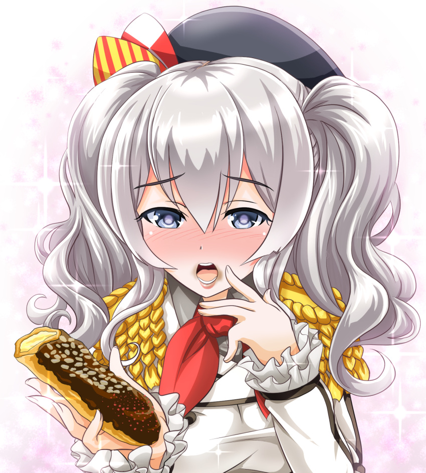 1girl beret blush bread commentary_request food grey_eyes hat highres holding kantai_collection kashima_(kantai_collection) long_hair looking_at_viewer open_mouth sexually_suggestive silver_hair solo tk8d32 twintails