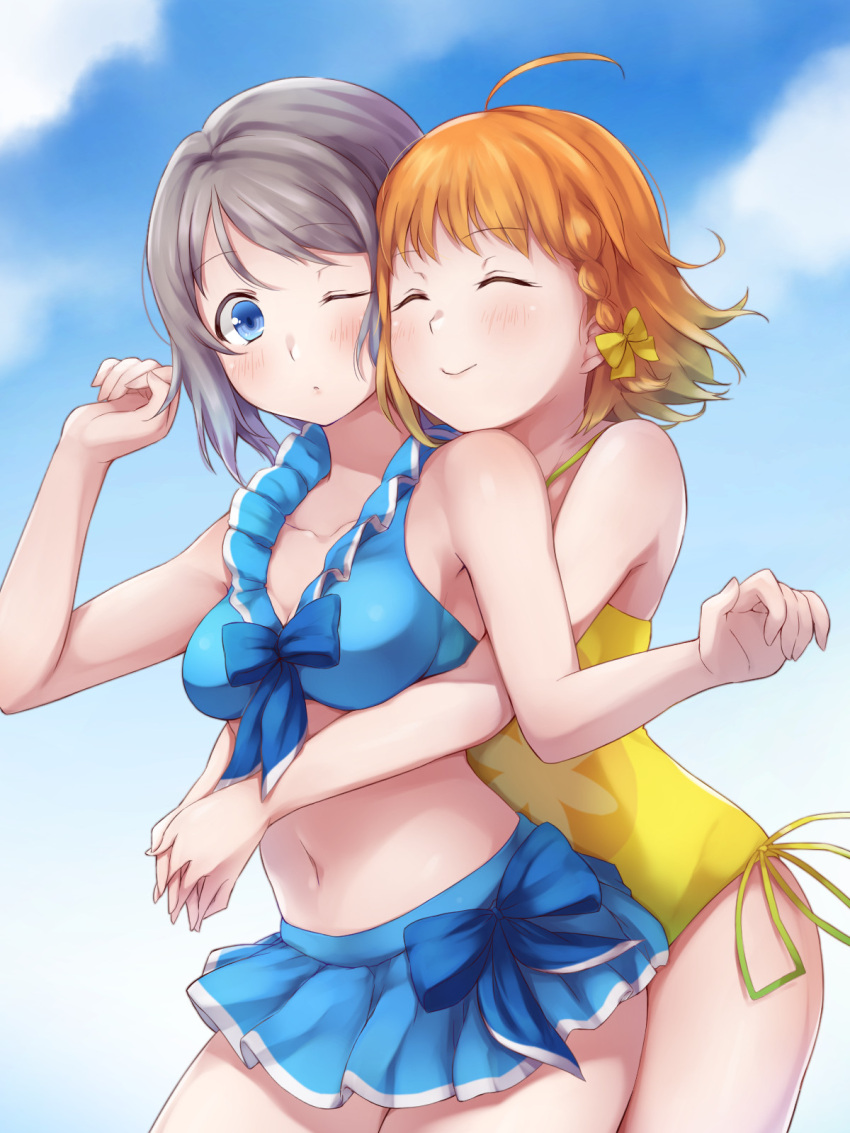 2girls ^_^ ahoge bangs bikini_skirt blue_bow blue_neckwear blue_swimsuit bow bowtie braid clenched_hands closed_eyes collarbone cowboy_shot grey_hair hair_bow hands_up highres hug hug_from_behind ichiban_no_yagi interlocked_fingers looking_at_viewer love_live! love_live!_sunshine!! midriff multiple_girls navel one_eye_closed orange_hair short_hair side_braid smile swimsuit takami_chika watanabe_you yellow_bow yellow_swimsuit