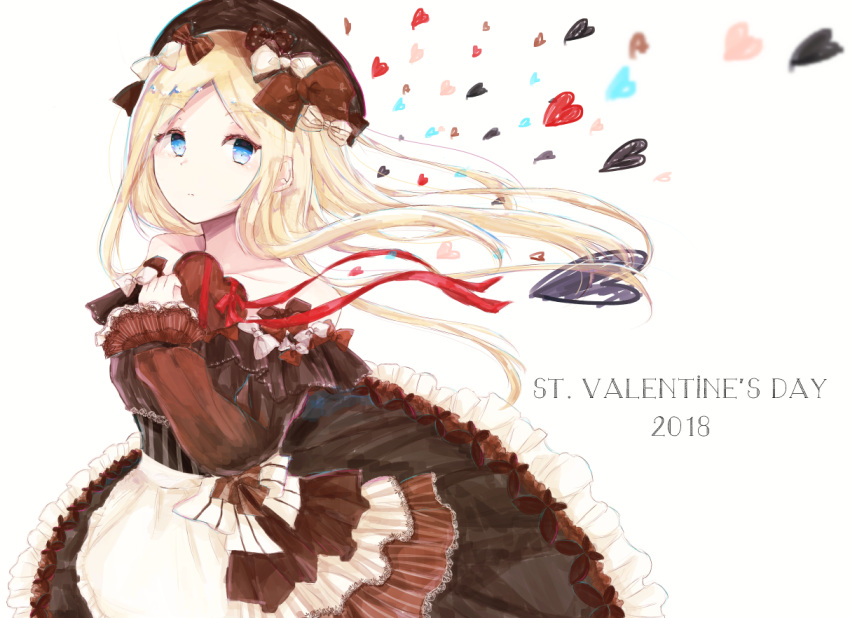 1girl 2018 abigail_williams_(fate/grand_order) bangs black_hat blonde_hair blue_eyes bow brown_bow brown_dress chocolate chocolate_heart closed_mouth commentary_request dress eyebrows_visible_through_hair fate/grand_order fate_(series) hair_bow hands_up hat heart holding long_hair long_sleeves looking_at_viewer parted_bangs polka_dot polka_dot_bow red_ribbon ribbon solo striped striped_bow tmtm. valentine very_long_hair white_background white_bow