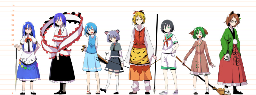 6+girls animal_ears daitoutei dress futatsuiwa_mamizou height_chart highres hinanawi_tenshi karakasa_obake kasodani_kyouko long_hair multiple_girls murasa_minamitsu nagae_iku nazrin no_headwear polearm scarlet_weather_rhapsody short_hair simple_background spear standing sword tatara_kogasa toramaru_shou touhou umbrella undefined_fantastic_object weapon