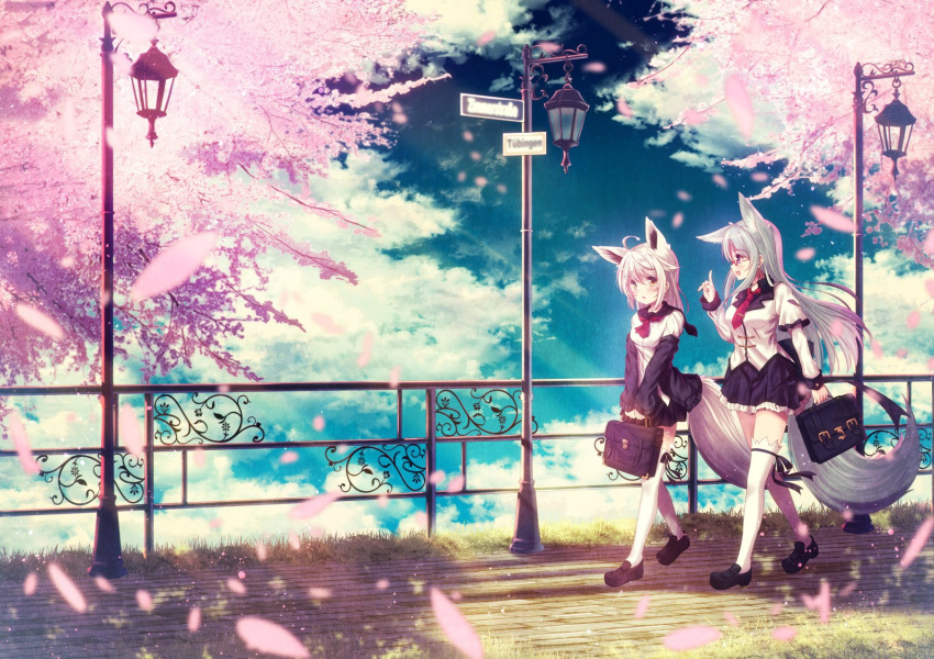 2girls :d animal_ears blurry briefcase cherry_blossoms commentary_request depth_of_field fox_ears fox_tail frilled_skirt frills glasses grass highres lamppost long_hair misaki_yuu multiple_girls open_mouth original parted_lips petals pleated_skirt railing road_sign shirt sign silver_hair skirt smile tail thigh-highs walking white_hair yellow_eyes zettai_ryouiki
