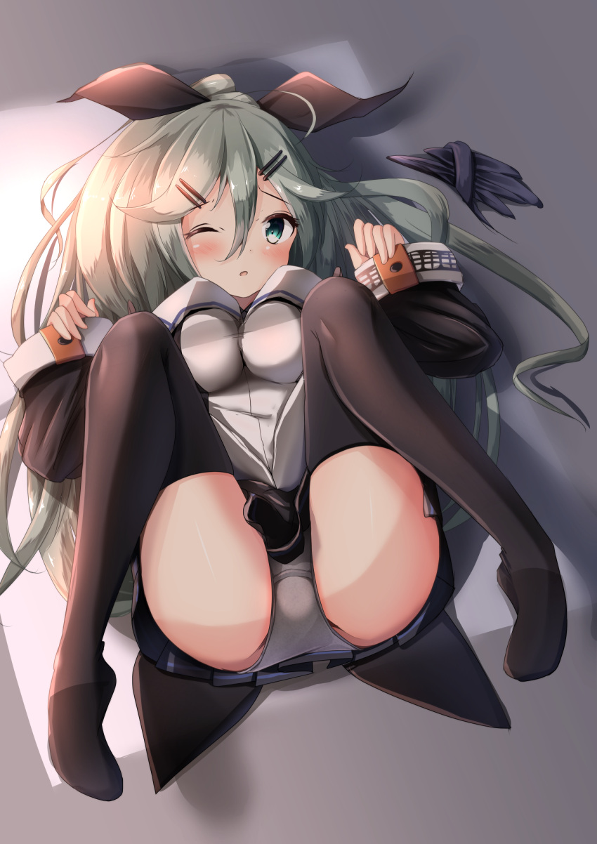 1girl ass commentary_request detached_sleeves from_above green_eyes green_hair hair_ornament hair_ribbon hairclip highres kantai_collection long_hair looking_at_viewer looking_up mochiyuki panties parted_lips pleated_skirt ribbon school_uniform serafuku skirt solo thighs underwear white_panties yamakaze_(kantai_collection)