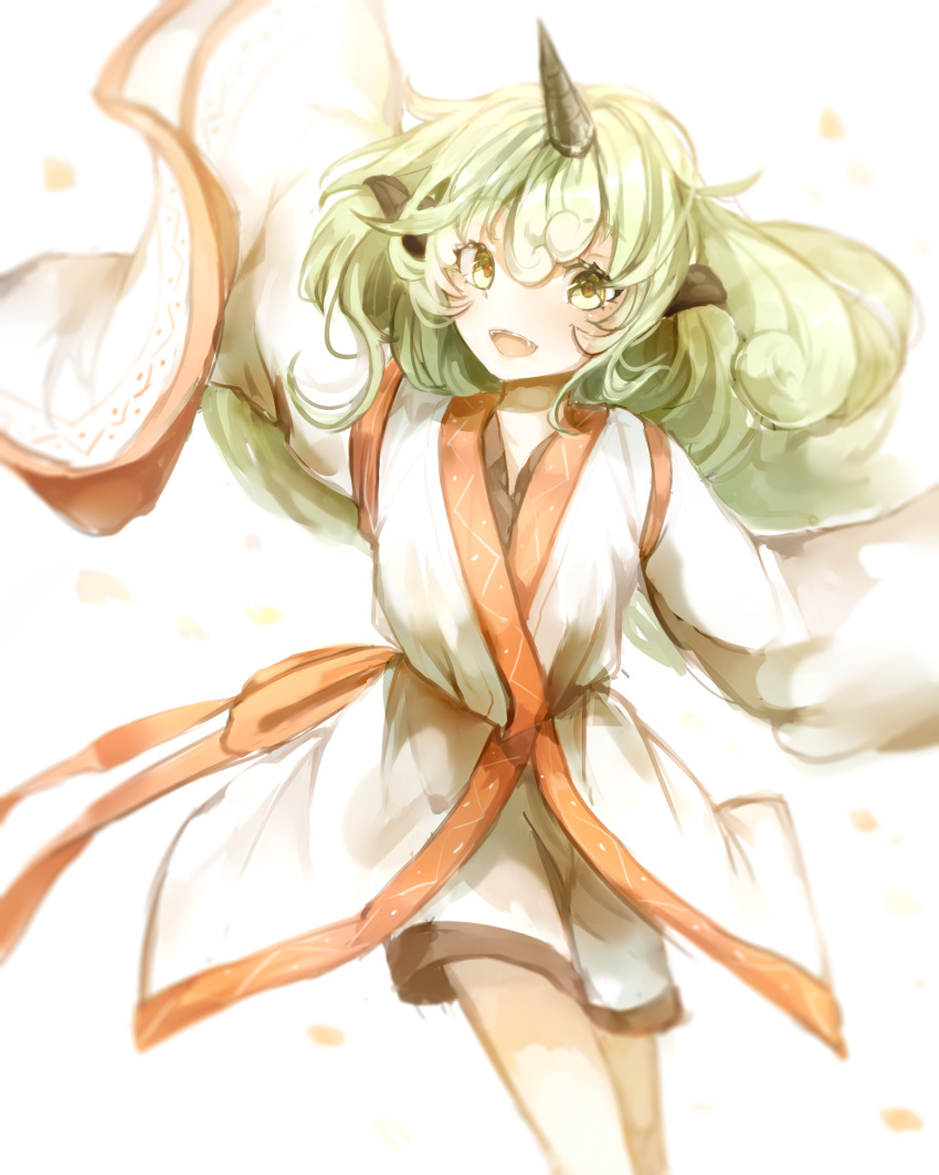 1girl animal_ears curly_hair green_eyes green_hair highres horn huang_li_ling komano_aun long_hair long_sleeves looking_at_viewer open_mouth solo touhou