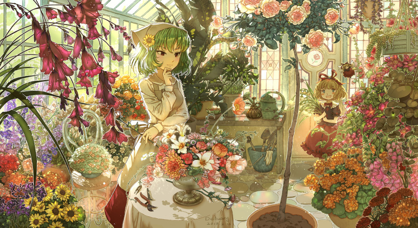 2girls :d apron backlighting black_blouse blonde_hair blouse blue_eyes botanical_garden bow bowtie chair closed_mouth dahuang day doll flower green_hair hair_flower hair_ornament hair_ribbon half-closed_eye hand_on_own_chin hand_up hands_up highres holding holding_flower indoors kazami_yuuka light_smile long_sleeves looking_at_another medicine_melancholy multiple_girls open_mouth plant puffy_short_sleeves puffy_sleeves red_eyes red_neckwear red_skirt ribbon rose scenery shiny shiny_hair shirt short_hair short_sleeves skirt smile stained_glass standing su-san sunflower sunflower_hair_ornament table thinking touhou white_shirt window wings