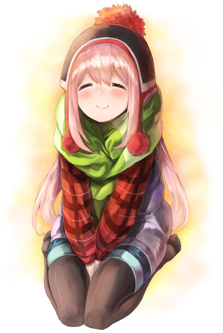 1girl ^_^ absurdres beanie between_legs blush closed_eyes closed_mouth full_body green_scarf hand_between_legs hat highres kagamihara_nadeshiko long_hair long_sleeves low_twintails netamaru no_shoes own_hands_together pink_hair scarf shorts sitting smile solo twintails v_arms very_long_hair white_background yurucamp