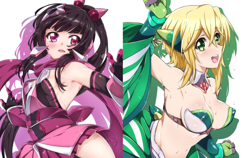 2girls akatsuki_kirika arm_up armpits bandeau bare_shoulders black_hair blonde_hair breasts commentary_request detached_collar dripping elbow_gloves erect_nipples eyebrows_visible_through_hair flying_sweatdrops gloves green_eyes hair_between_eyes headgear highres long_hair looking_at_viewer medium_breasts multiple_girls navel niko_(tama) open_mouth pink_eyes ribs senki_zesshou_symphogear shiny shiny_clothes shiny_hair shiny_skin short_hair simple_background small_breasts solo striped sweat teeth tsukuyomi_shirabe twintails white_background