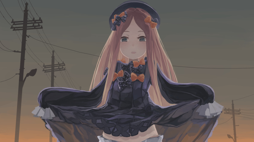 1girl abigail_williams_(fate/grand_order) bangs black_bow black_dress black_hat blonde_hair bloomers blue_eyes bow butterfly commentary_request dress dress_lift fate/grand_order fate_(series) grey_sky hair_bow hat highres lifted_by_self long_hair long_sleeves looking_at_viewer orange_bow outdoors parted_bangs parted_lips polka_dot polka_dot_bow power_lines sleeves_past_fingers sleeves_past_wrists solo telephone_pole tena_(moozuck2013) underwear upper_body upper_teeth very_long_hair white_bloomers