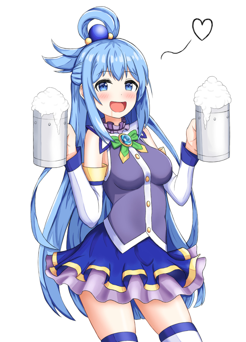 1girl alcohol aqua_(konosuba) bare_shoulders beer beer_mug blue_eyes blue_footwear blue_hair blue_legwear blue_shirt blue_skirt blush boots bow detached_sleeves green_bow hair_rings heart highres kono_subarashii_sekai_ni_shukufuku_wo! long_hair looking_at_viewer saliva shirt skirt smile solo thigh-highs thigh_boots very_long_hair