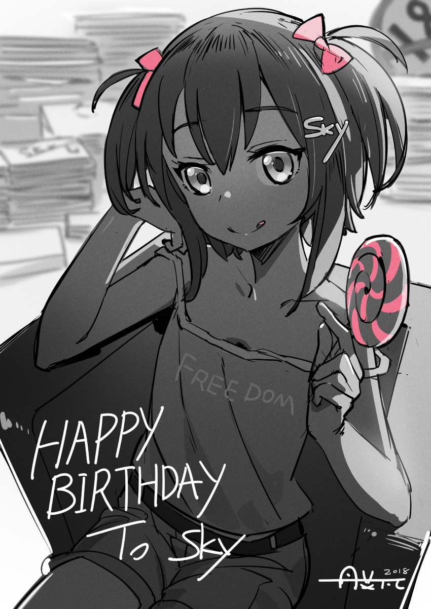1girl 2018 :q absurdres blurry borrowed_character bow camisole candy chin_rest depth_of_field el-zheng eyebrows_visible_through_hair flat_chest food greyscale hair_bow hair_ornament happy_birthday highres indoors lollipop looking_at_viewer monochrome original short_hair short_shorts shorts sitting sky_(sky-freedom) solo strap_slip tongue tongue_out two_side_up