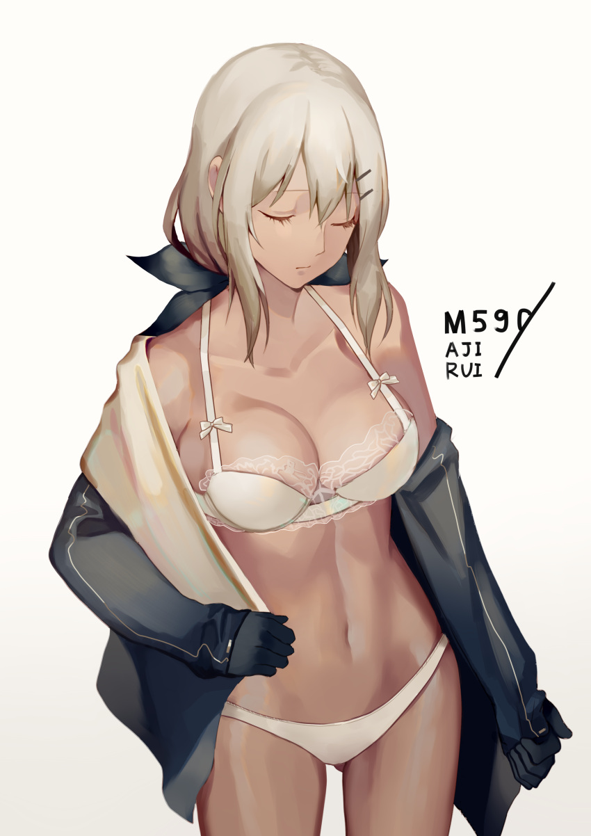 1girl absurdres ajirui artist_name bangs bare_legs black_gloves black_jacket bow bow_bra bra breasts character_name cleavage closed_eyes closed_mouth clothes_removed collarbone cropped_jacket crossed_bangs dark_skin expressionless eyebrows_visible_through_hair girls_frontline gloves gluteal_fold gradient gradient_background hair_between_eyes hair_ornament hairclip highres holding_clothes jacket lace lace-trimmed_bra large_breasts lingerie long_hair low-tied_long_hair mossberg_m590_(girls_frontline) navel off_shoulder panties shirt sidelocks silver_hair simple_background solo stomach thighs underwear undressing white_panties white_shirt
