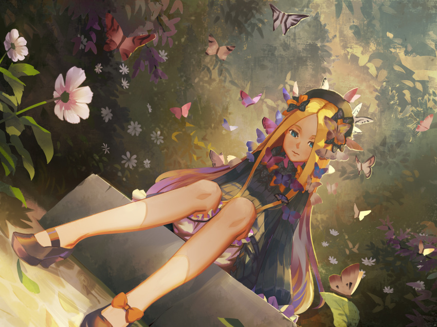 1girl abigail_williams_(fate/grand_order) arms_at_sides backlighting bangs bare_legs black_bow black_dress black_footwear black_hair blonde_hair bloomers blue_eyes bow butterfly closed_mouth day dress dutch_angle fate/grand_order fate_(series) flower foreshortening frills hair_bow insect leaf light_smile long_hair long_sleeves looking_at_viewer mary_janes no_socks orange_bow parted_bangs polka_dot polka_dot_bow puffy_long_sleeves puffy_sleeves shoes sleeves_past_fingers stone straight_hair sunlight tea_sly underwear very_long_hair white_flower