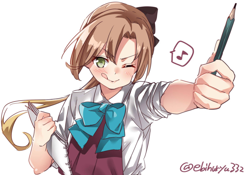 1girl akigumo_(kantai_collection) blue_neckwear blush bow bowtie brown_hair dress ebifurya eyebrows_visible_through_hair green_eyes kantai_collection long_hair long_sleeves looking_at_viewer one_eye_closed outstretched_arm pencil ponytail school_uniform shirt simple_background sketchbook sleeves_pushed_up solo tongue tongue_out twitter_username white_background white_shirt