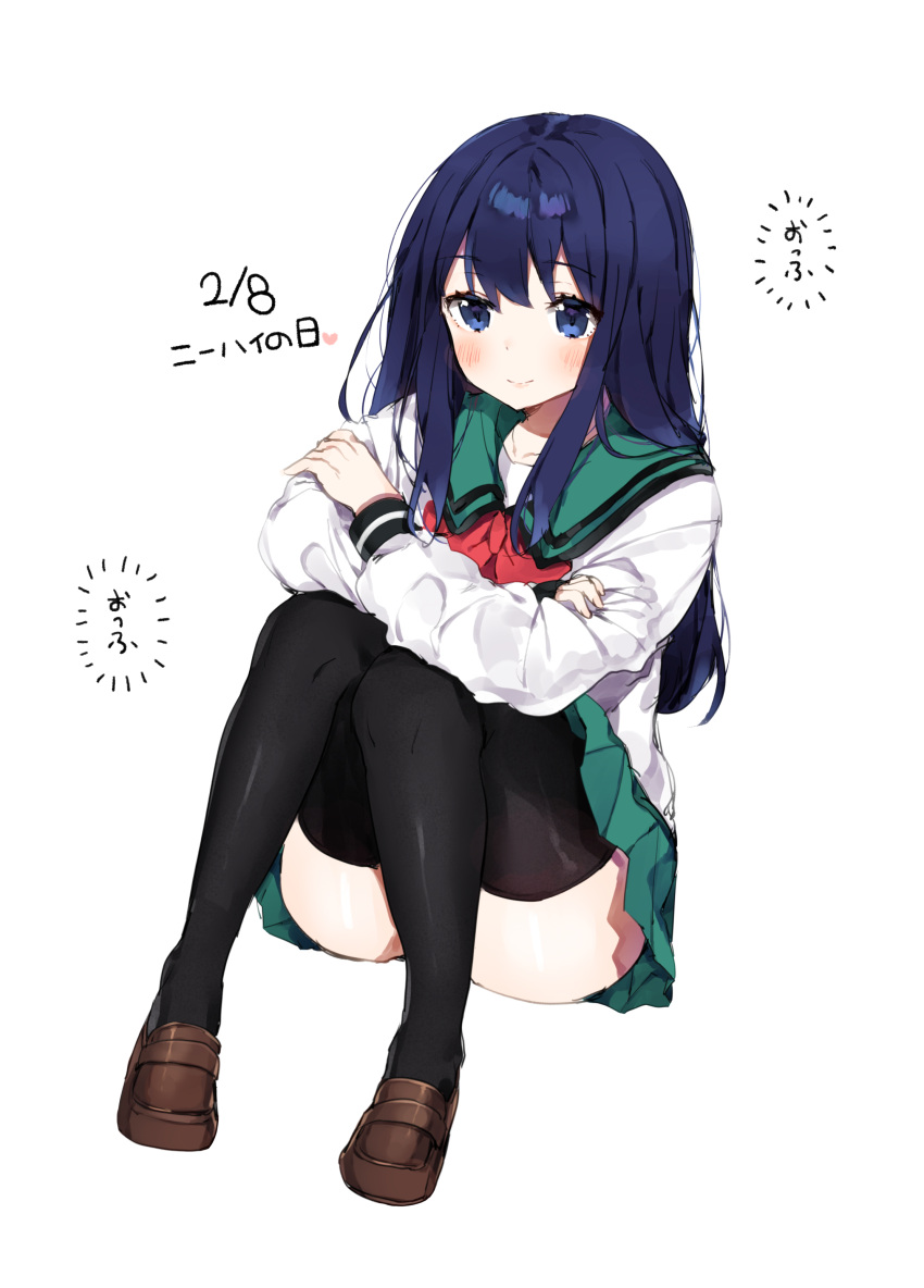 1girl absurdres ass black_legwear blue_eyes blue_hair blush bow brown_footwear crossed_arms eyebrows_visible_through_hair full_body green_sailor_collar green_skirt highres invisible_chair loafers long_hair long_sleeves miniskirt ongyageum pleated_skirt red_bow saiki_kusuo_no_psi_nan sailor_collar school_uniform shoes sitting skirt smile teruhashi_kokomi thigh-highs white_background