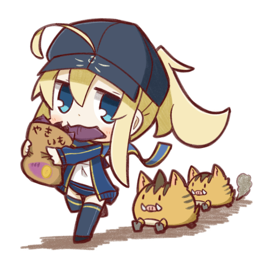 1girl ahoge artoria_pendragon_(all) bag baseball_cap blonde_hair blue_eyes boar chibi fate/grand_order fate_(series) food food_in_mouth hat highres jacket mysterious_heroine_x nuu_(nu-nyu) paper_bag ponytail simple_background sweet_potato thigh-highs track_jacket translated walking white_background