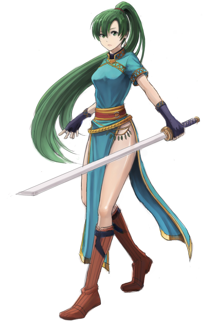 1girl absurdres belly_chain blue_dress boots breasts dress earrings expressionless fingerless_gloves fire_emblem fire_emblem:_rekka_no_ken full_body gloves green_eyes green_hair highres jewelry katana kotatsumuri_(yaugau) long_hair long_ponytail looking_at_viewer lyndis_(fire_emblem) medium_breasts pelvic_curtain ponytail short_sleeves side_slit simple_background sketch solo standing sword thighs weapon white_background