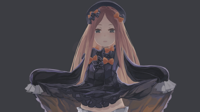 1girl abigail_williams_(fate/grand_order) bangs black_bow black_dress black_hat blonde_hair bloomers blue_eyes bow butterfly dress dress_lift fate/grand_order fate_(series) grey_background hair_bow hat highres lifted_by_self long_hair long_sleeves looking_at_viewer orange_bow parted_bangs parted_lips polka_dot polka_dot_bow simple_background sleeves_past_fingers sleeves_past_wrists solo tena_(moozuck2013) underwear upper_body upper_teeth very_long_hair white_bloomers