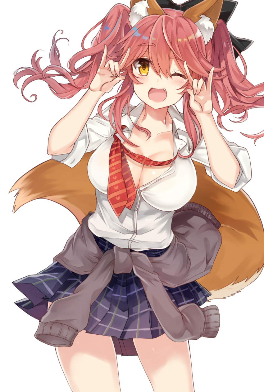 1girl animal_ears black_ribbon blush bow breasts cleavage clothes_around_waist collarbone fang fate/extella fate/extra fate/grand_order fate_(series) fox_ears fox_shadow_puppet fox_tail hair_bow hair_ribbon heart heart-shaped_pupils highres jacket_around_waist large_breasts long_hair looking_at_viewer one_eye_closed open_mouth pink_hair retsuto ribbon school_uniform shirt simple_background skirt smile solo symbol-shaped_pupils tail tamamo_(fate)_(all) tamamo_jk_(fate) twintails unbuttoned white_background yellow_eyes