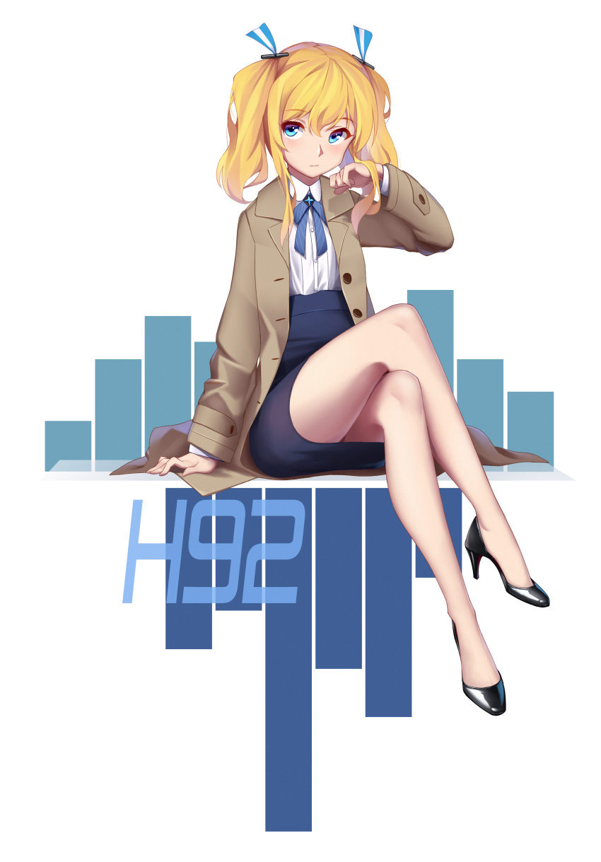 1girl absurdres alternate_costume arm_at_side arnold-s bangs bar_graph bare_legs black_footwear blonde_hair blue_eyes blue_neckwear blue_ribbon blue_skirt blush brown_coat closed_mouth coat collared_shirt eyebrows_visible_through_hair full_body glowworm_(zhan_jian_shao_nyu) hand_up high-waist_skirt high_heels highres legs legs_crossed long_sleeves looking_at_viewer mary_janes neck_ribbon open_clothes open_coat ribbon shirt shoes short_hair_with_long_locks short_twintails sidelocks sitting skirt solo twintails unbuttoned white_background white_shirt wing_collar zhan_jian_shao_nyu