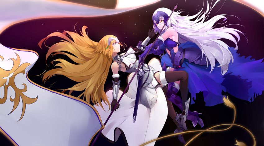2girls armor armored_boots armored_dress blonde_hair boots chains elbow_gloves eye_contact fate_(series) faulds flag flagpole fur-trimmed_legwear fur_trim gauntlets gloves headpiece highres jeanne_d'arc_(alter)_(fate) jeanne_d'arc_(fate) jeanne_d'arc_(fate)_(all) kyoukai33 long_hair looking_at_another multiple_girls scabbard sheath silver_hair sword thigh-highs violet_eyes weapon yellow_eyes