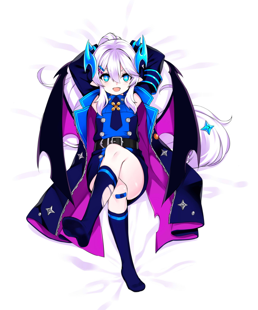 1girl absurdres arms_behind_head bed_sheet black_wings blue_dress blue_eyes blue_neckwear dress elsword fang from_above hair_between_eyes highres kuro_(kuronell) long_hair looking_at_viewer luciela_r._sourcream lying necktie on_back open_mouth ponytail shiny shiny_skin short_dress silver_hair sleeveless sleeveless_dress solo torn_kneehighs very_long_hair white_background wings
