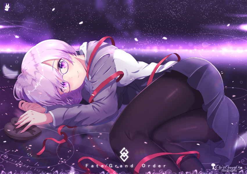 1girl ass black_legwear chinchongcha commentary_request copyright_name fate/grand_order fate_(series) glasses highres looking_at_viewer lying mash_kyrielight necktie pantyhose purple_hair ribbon short_hair smile solo violet_eyes
