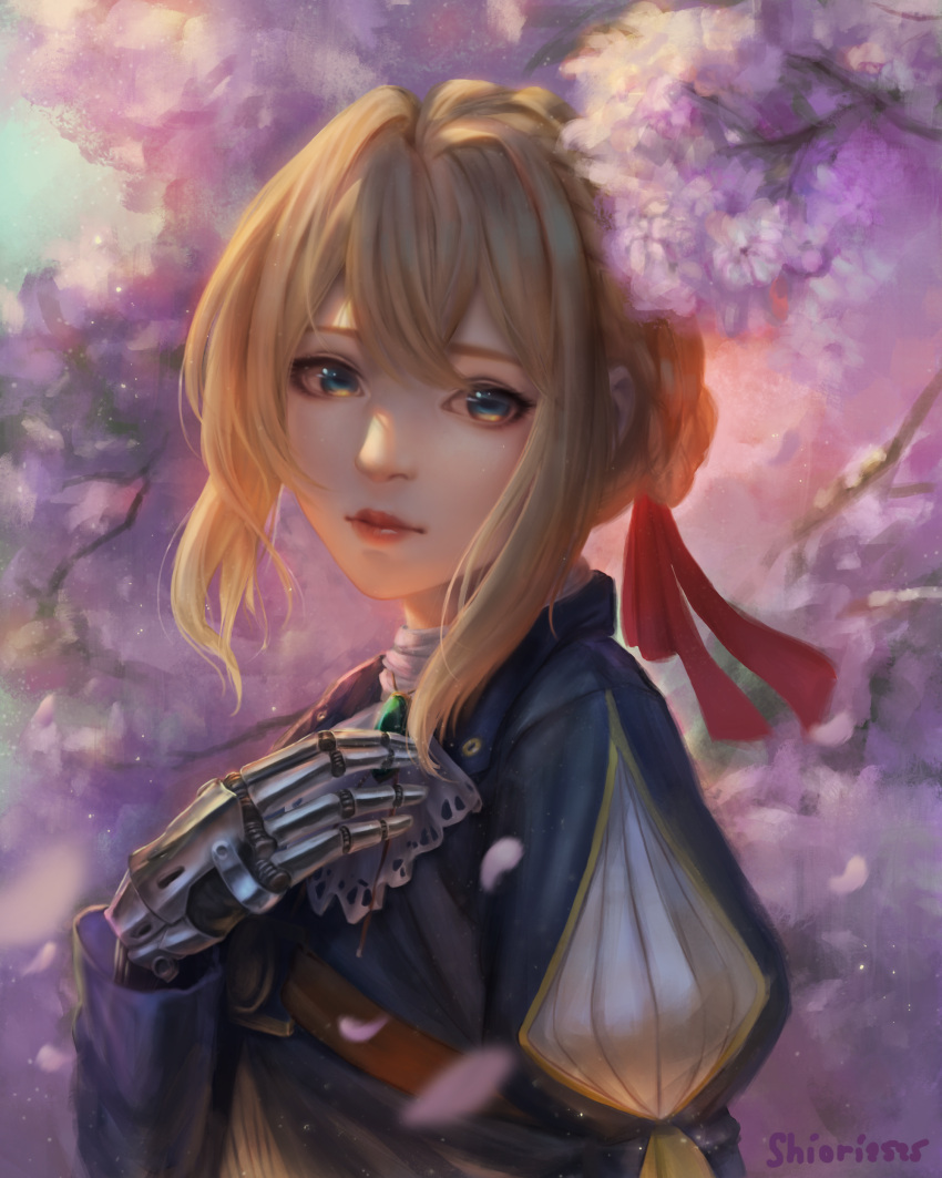 1girl absurdres artist_name blonde_hair blue_eyes braid cherry_blossoms hair_between_eyes hair_ribbon highres lips long_hair looking_at_viewer mechanical_hand narongdej_watcharapasorn nose ribbon solo upper_body violet_evergarden violet_evergarden_(character)