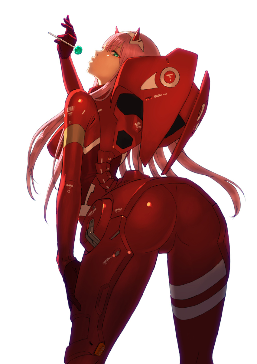 1girl aqua_eyes arched_back ass backlighting bent_over bodysuit breasts candy commentary_request darling_in_the_franxx eyebrows_visible_through_hair food from_behind hairband highres horns lips lollipop long_hair looking_at_viewer looking_back medium_breasts parted_lips pilot_suit pink_hair red_bodysuit shiny shiny_hair simple_background skin_tight solo standing white_background yoshimura_ken'ichirou zero_two_(darling_in_the_franxx)