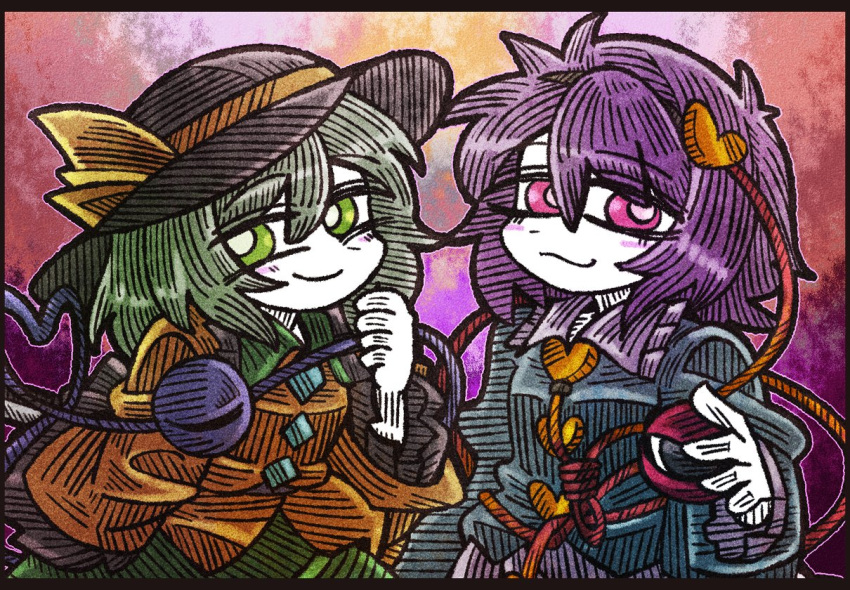 2girls black_hat blouse blue_blouse eyebrows_visible_through_hair green_eyes green_hair green_skirt hair_between_eyes hair_ornament hat hat_ribbon heart heart-shaped_buttons heart_hair_ornament heart_of_string komeiji_koishi komeiji_satori lavender_skirt letterboxed line_shading long_sleeves looking_at_viewer multiple_girls pink_eyes pink_hair ribbon short_hair siblings sisters skirt smile suenari_(peace) third_eye touhou white_skin wide_sleeves yellow_blouse yellow_ribbon