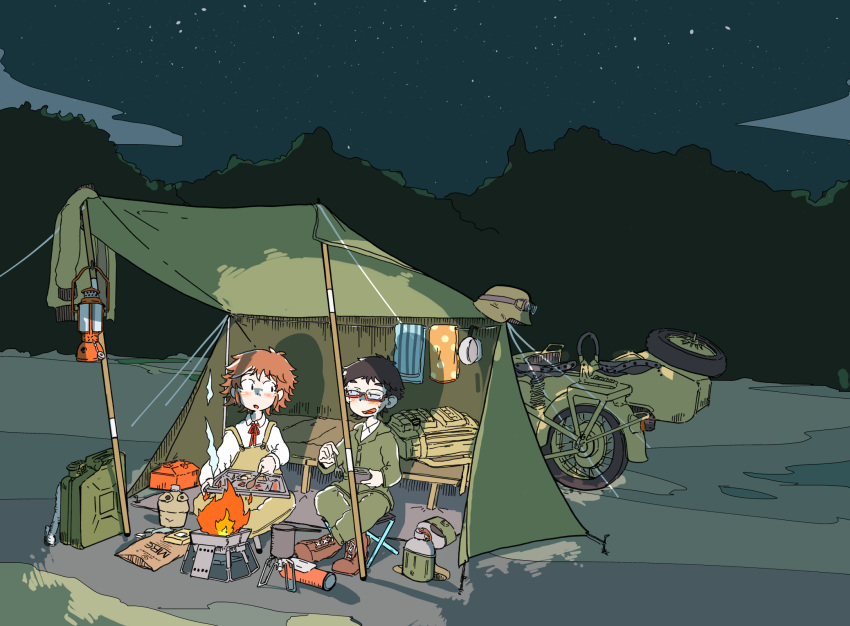 1boy 1girl backpack bag black_hair blush campfire canteen coat_removed glasses goggles goggles_on_headwear grill ground_vehicle headwear_removed helmet helmet_removed highres jerry_can lantern military military_uniform motor_vehicle motorcycle night night_sky orange_hair original polyester_putty ribbon sky tent toolbox uniform