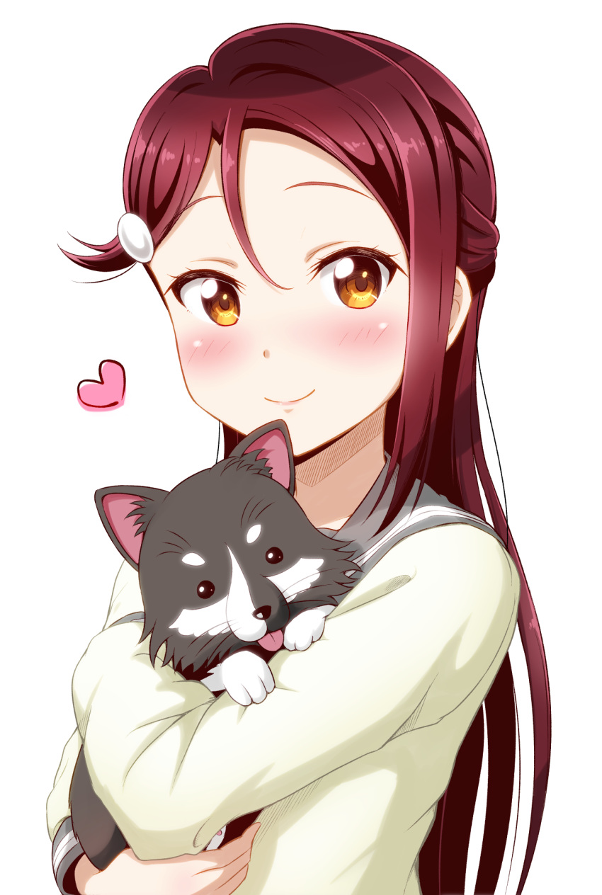 1girl animal anko_(love_live!_sunshine!!) blush ckst dog hair_ornament hairclip half_updo heart highres holding holding_animal long_hair long_sleeves love_live! love_live!_sunshine!! redhead sakurauchi_riko school_uniform serafuku simple_background smile solo upper_body white_background yellow_eyes