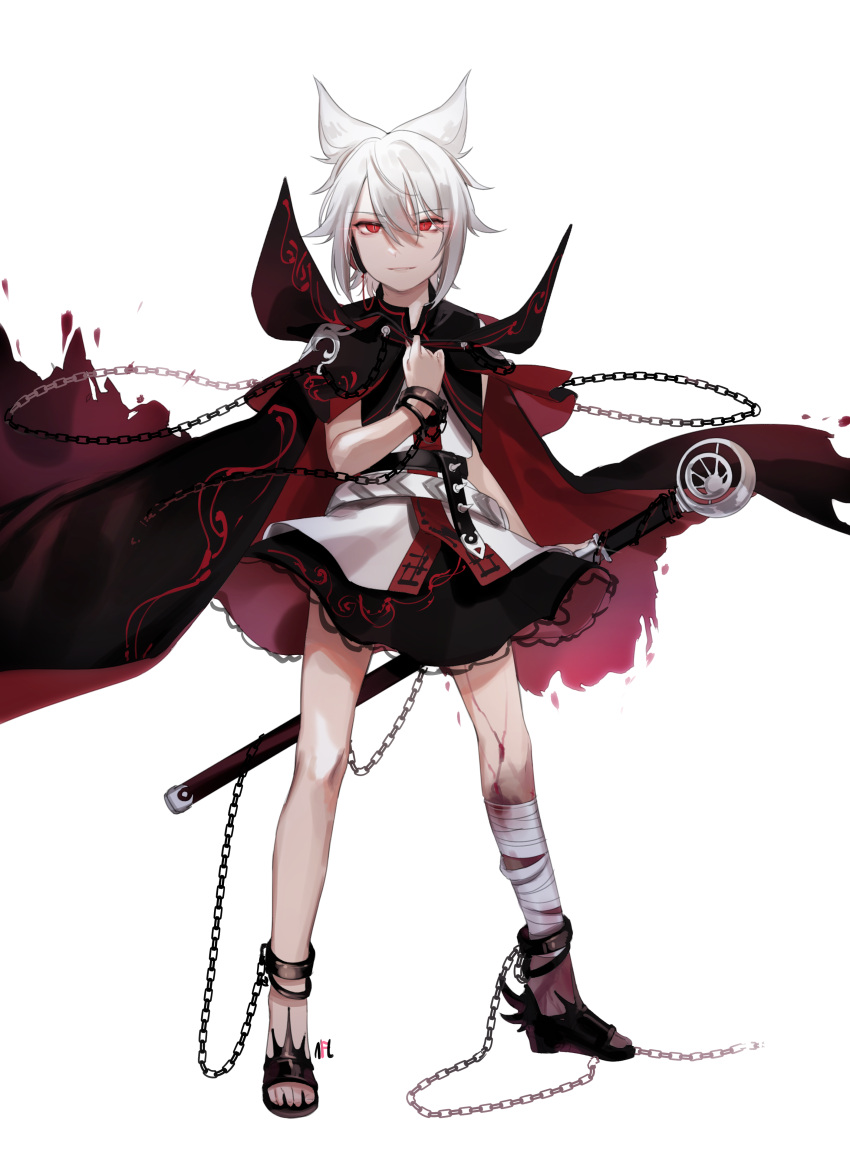 1girl absurdres alternate_color alternate_eye_color alternate_hair_color bandage belt cape chains cuffs dark_persona evil_smile glowing glowing_eyes handcuffs highres injury looking_at_viewer red_eyes sandals shan short_hair skirt slit_pupils smile smirk solo sword touhou toyosatomimi_no_miko weapon white_background white_hair