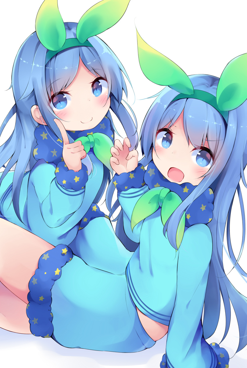 2girls :d absurdres arm_support bangs blue_eyes blue_hair blue_shirt blue_skirt blush character_request claw_pose closed_mouth commentary_request eyebrows_visible_through_hair green_hairband green_ribbon highres index_finger_raised kyuukon_(qkonsan) long_hair long_sleeves looking_at_viewer multiple_girls open_mouth ribbon shirt simple_background sitting skirt smile sound_voltex star star_print very_long_hair white_background