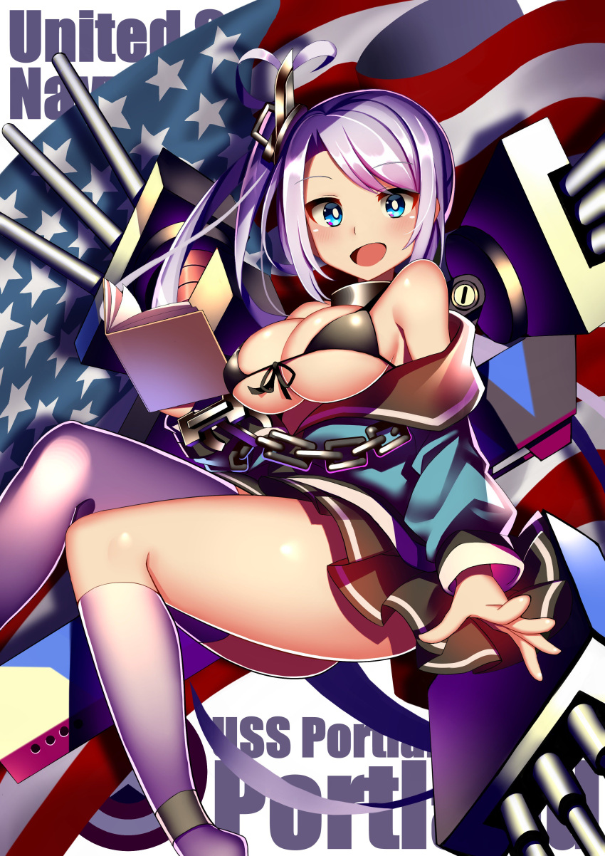 18bit 1girl :d absurdres ahoge american_flag asymmetrical_legwear azur_lane bikini_top blue_eyes book breasts character_name cleavage commentary_request flag_background highres holding long_hair looking_at_viewer machinery open_mouth pleated_skirt portland_(azur_lane) side_ponytail silver_hair skirt smile solo turret white_legwear
