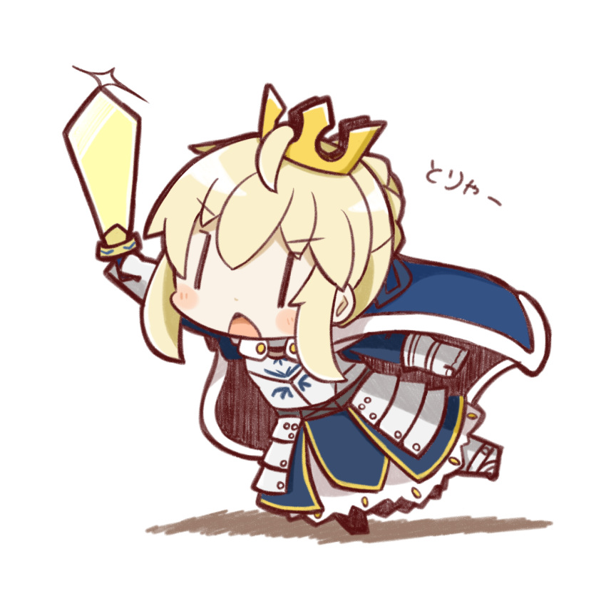 &gt;:o 1girl ahoge armor armored_dress artoria_pendragon_(all) blonde_hair blush cape chibi crown excalibur fate/stay_night fate_(series) gauntlets hair_bun highres nuu_(nu-nyu) saber simple_background solo white_background |_|