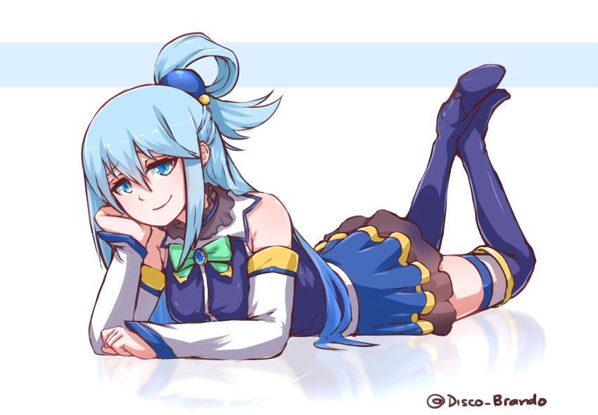 1girl aqua_(konosuba) blue_eyes blue_hair blue_legwear boots chin_rest detached_sleeves disco_brando full_body hair_ornament highres kono_subarashii_sekai_ni_shukufuku_wo! legs_up long_hair looking_at_viewer lying on_stomach reflection simple_background skirt solo thigh-highs thigh_boots white_background